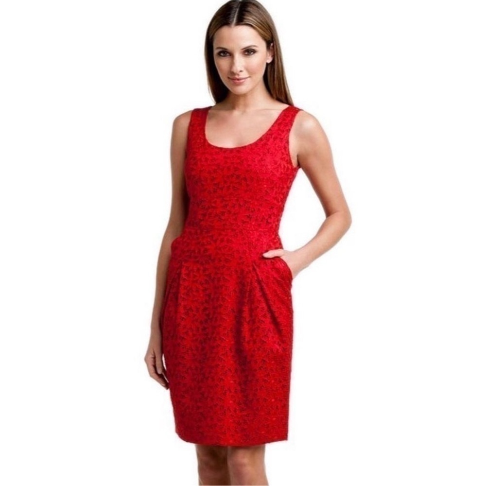 Lafayette 148 New York Galinda Red Floral Eyelet Lace Sheath Dress